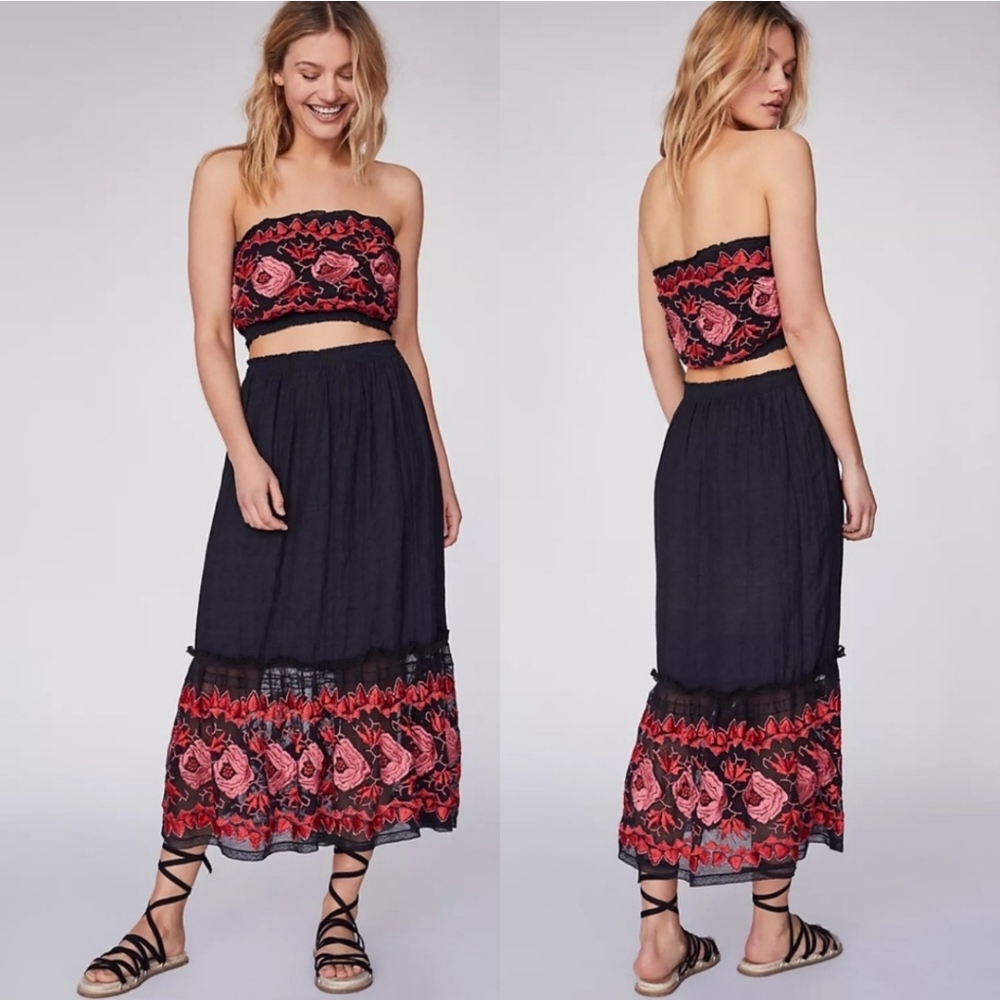 Free People Size Medium Rosebud Tube Set Mesh Embroidered Boho Maxi skirt Set